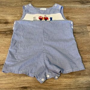 Betti Terrell smocked fire truck blue jumper